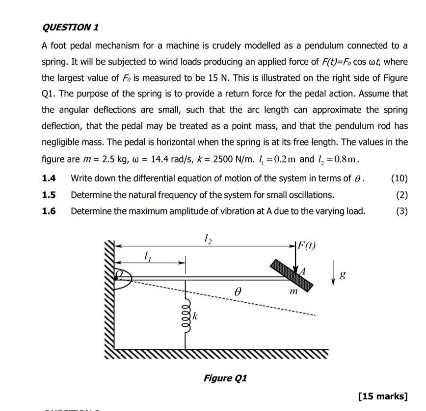 QUESTION 1
A foot pedal mechanism for a machine is crudely modelled as a pendulum connected to a
spring. It will be subjected