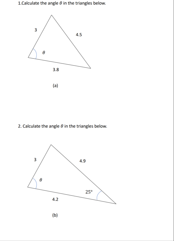 Solved 1.Calculate the angle θ ﻿in the triangles below.2. | Chegg.com