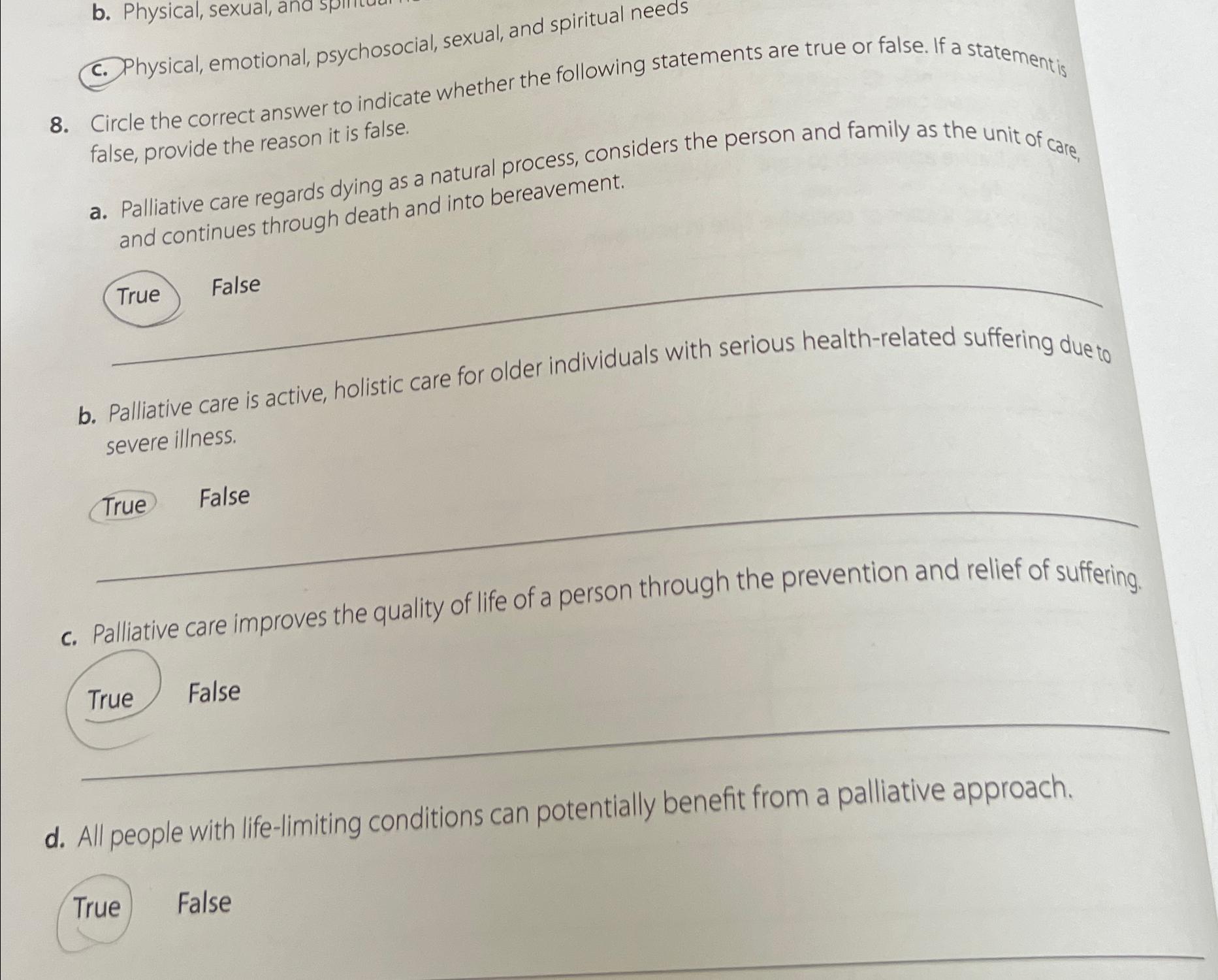 c. Physical emotional psychosocial sexual and Chegg