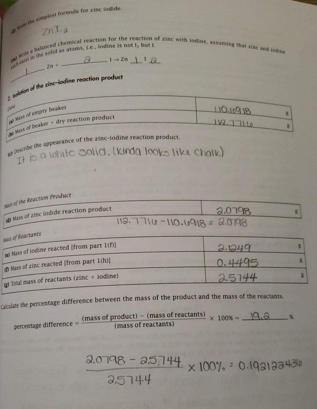 Solved Chem 1 Determination of a Chemical Formula Lab