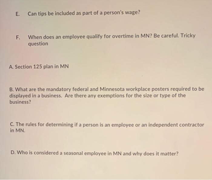 Solved E. Can tips be included as part of a person's wage?