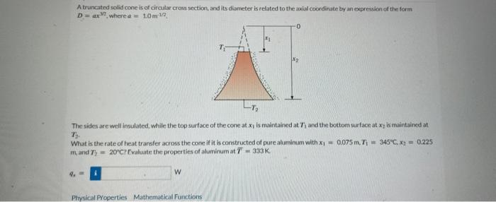 A truncated solid cone is of circular cross section, and its diameter is related to the axial coordirate by an expression of