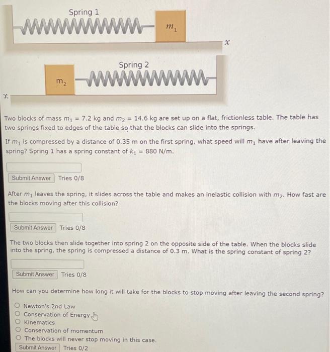 Solved Spring 1 m X Spring 2 m2 WWWWWWWww X Two blocks of | Chegg.com
