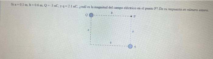 Si a =0.1 \( \mathrm{m}, \mathrm{b}=0.6 \mathrm{~m}, \mathrm{Q}=-3 \mathrm{nC}, \mathrm{y} \mathrm{q}=2.1 \mathrm{nC} \), ccu