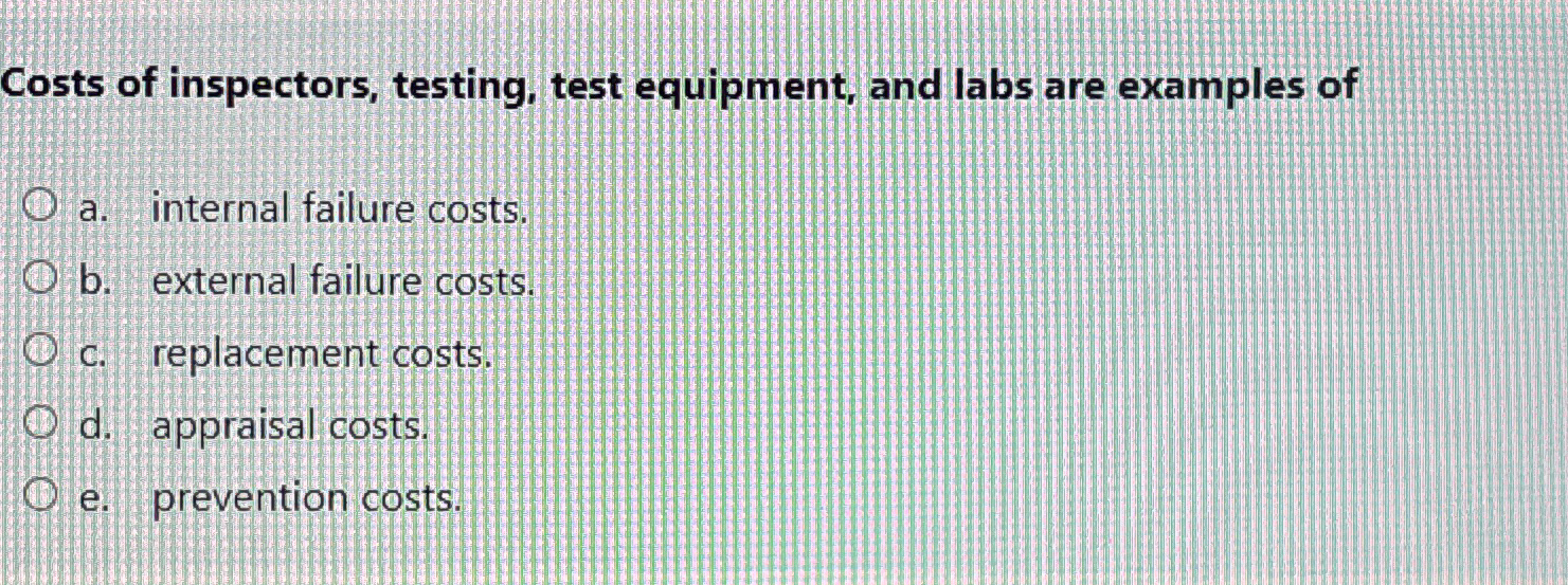 Solved Costs of inspectors, testing, test equipment, and