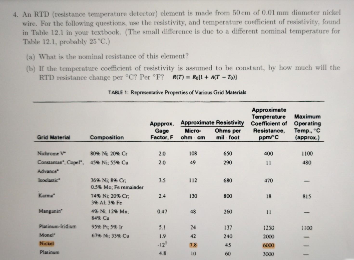 An RTD (resistance temperature detector) element is made from \( 50 \mathrm{~cm} \) of \( 0.01 \mathrm{~mm} \) diameter nicke