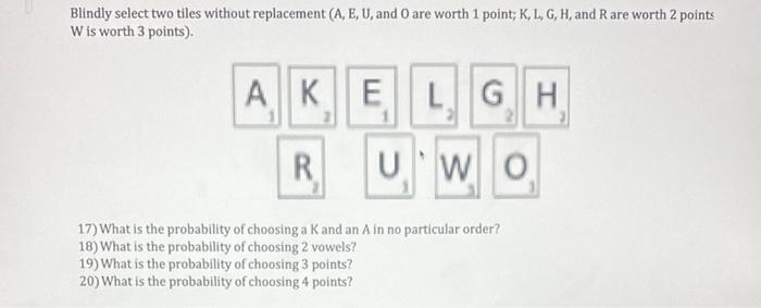 Solved Blindly select two tiles without replacement (A, E, | Chegg.com