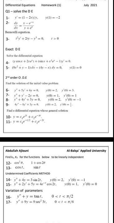 Solved Homework (1) July 2021 Differential Equations | Chegg.com
