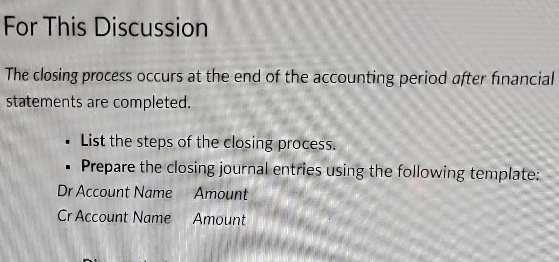 Solved For This Discussion The closing process occurs at the | Chegg.com