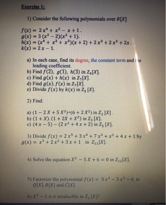 Solved Exercise 1 1 Consider The Following Polynomials Chegg Com