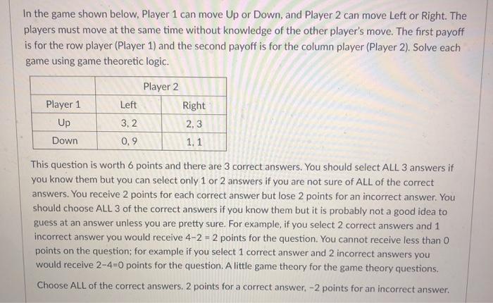 Solved In the game shown below, Player 1 can move Up or | Chegg.com