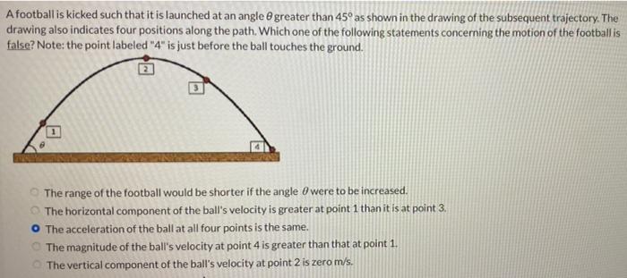 A football is kicked such that it is launched at an angle @ greater than 45° as shown in the drawing of the subsequent trajec