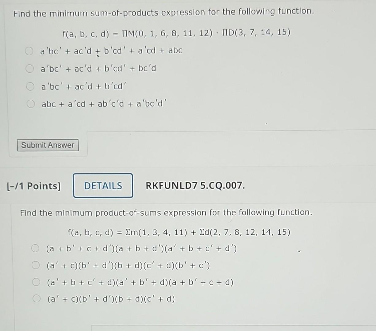 Solved Find The Minimum Sum Of Products Expression For The 9858