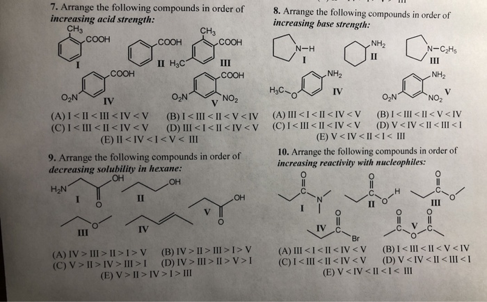Solved 7. Arrange the following compounds in order of | Chegg.com