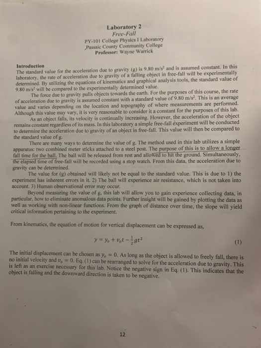 Solved Laboratory 2 FreeFall PY101 College Physics I