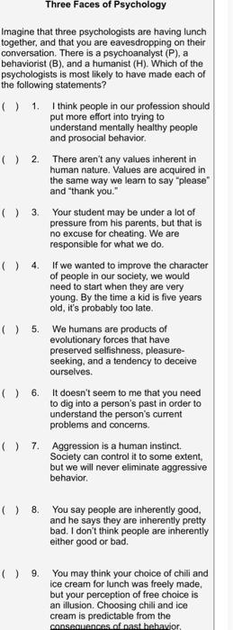 Solved Imagine that three psychologists are having lunch | Chegg.com