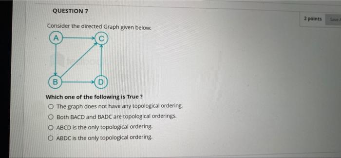 Solved QUESTION 7 2 points Consider the directed Graph given | Chegg.com