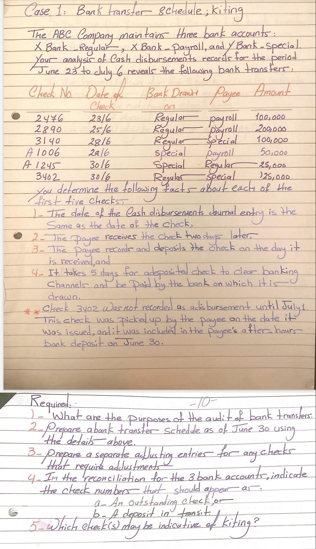 on payroll Case 1: Bank transfer schedule; kiting The | Chegg.com