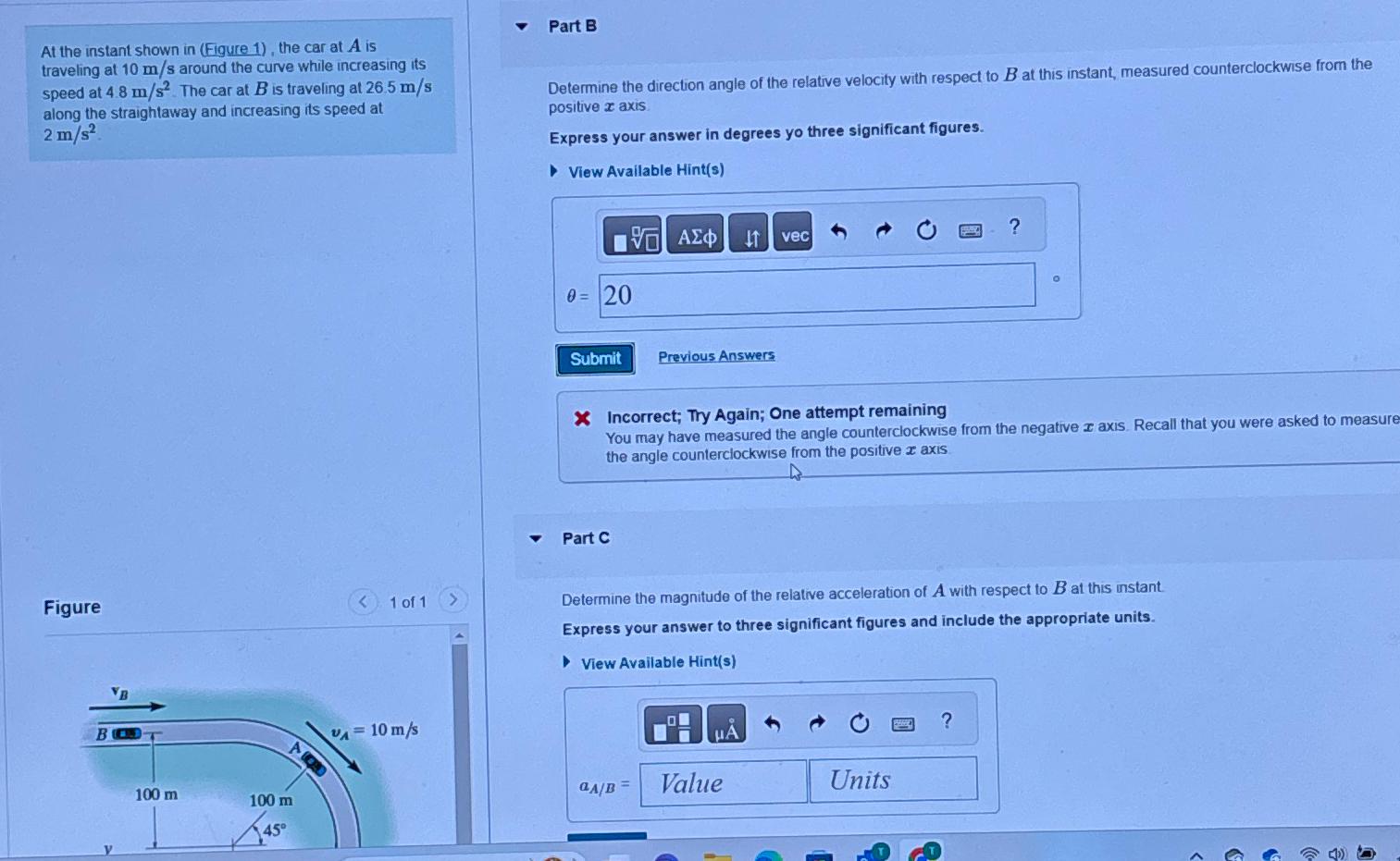 Solved At the instant shown in (Figure 1), ﻿the car at A ﻿is | Chegg.com