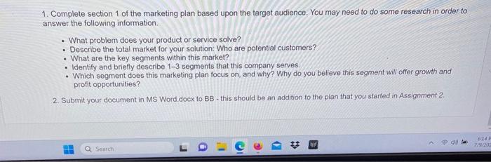 Solved 1. Complete section 1 of the marketing plan based | Chegg.com