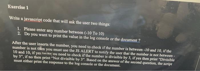 Solved Exercise 1 Write a javascript code that will ask the | Chegg.com