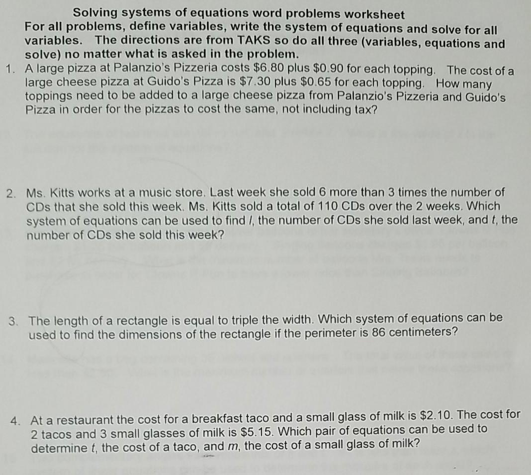 Systems Of Three Equations Word Problems Worksheet Pdf