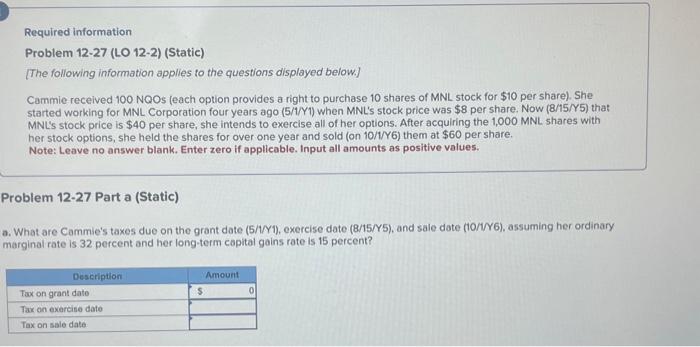 Solved Required information Problem 12-27 (LO 12-2) (Static) | Chegg.com
