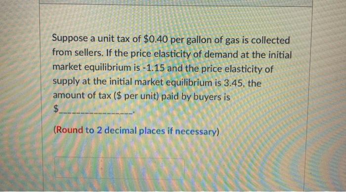Solved Suppose a unit tax of $0.40 per gallon of gas is | Chegg.com