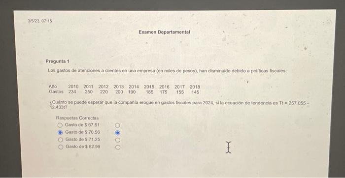 Progunta 1 Los gastos de atenciones a clientes en una empresa (en miles de pesos), han disminuldo debido a polticas fiscales: