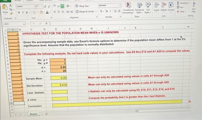 Solved Given the accompanying sample data, use Excel's | Chegg.com