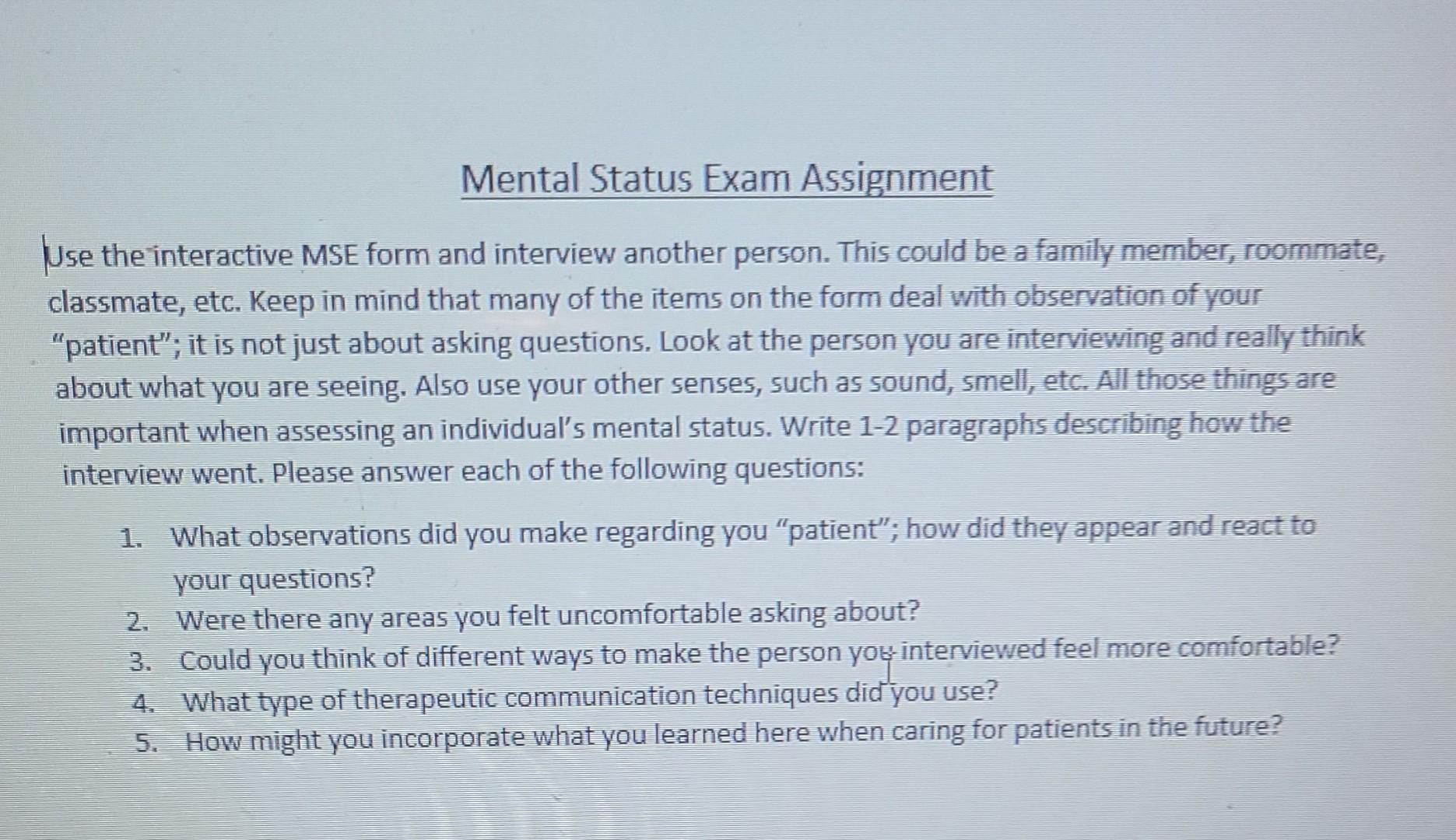 Solved Mental Status Exam Assignment Use the interactive MSE | Chegg.com