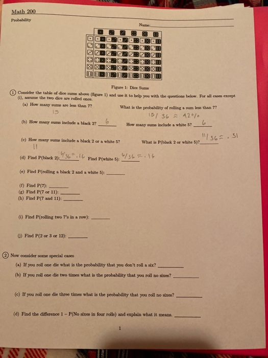 Solved Math 200 Probability Nam OOOOOOOO Figure 1 Dice Sums