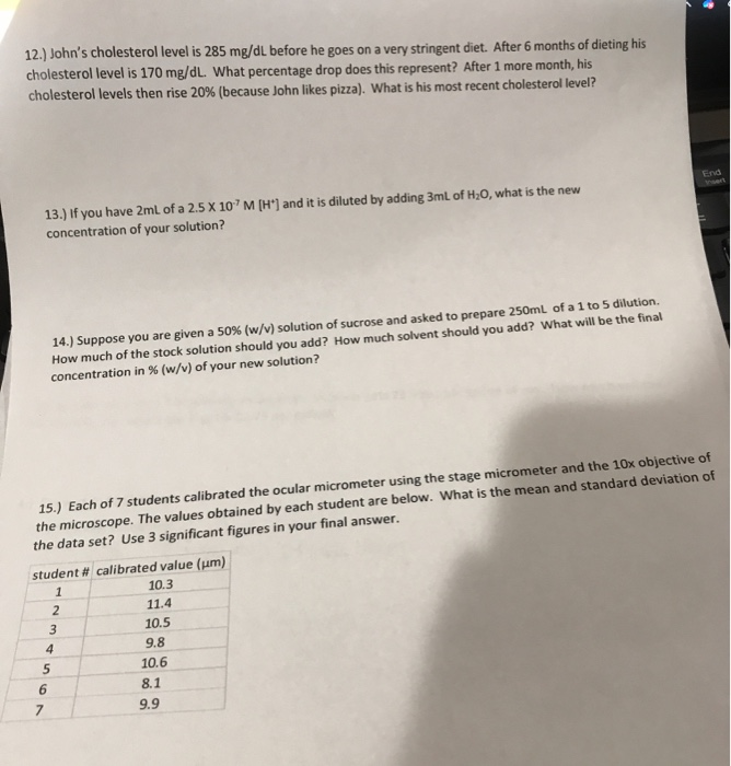 Solved 12 John S Cholesterol Level Is 285 Mg Dl Before Chegg Com