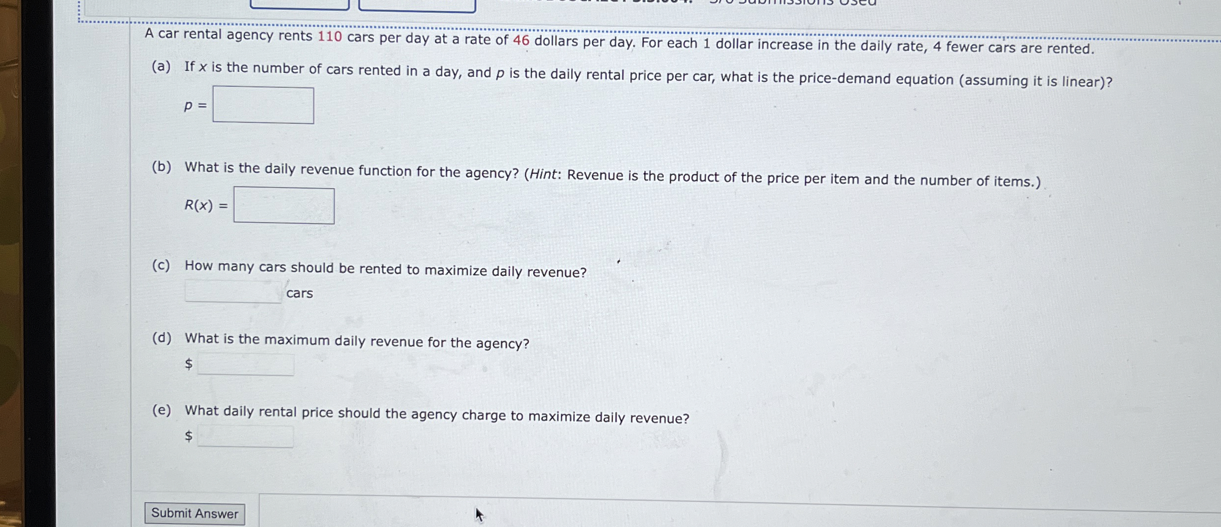 A car rental agency rents 110 ﻿cars per day at a rate