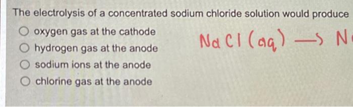 Solved The electrolysis of a concentrated sodium chloride | Chegg.com