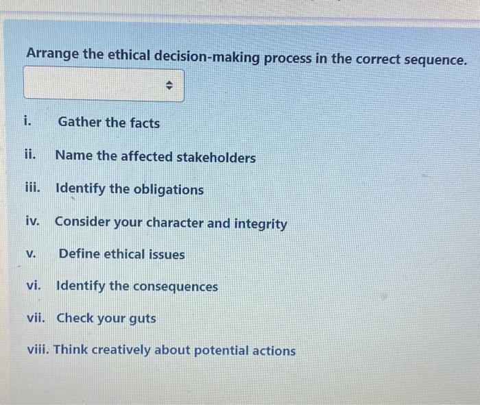 Solved Arrange the ethical decision-making process in the | Chegg.com