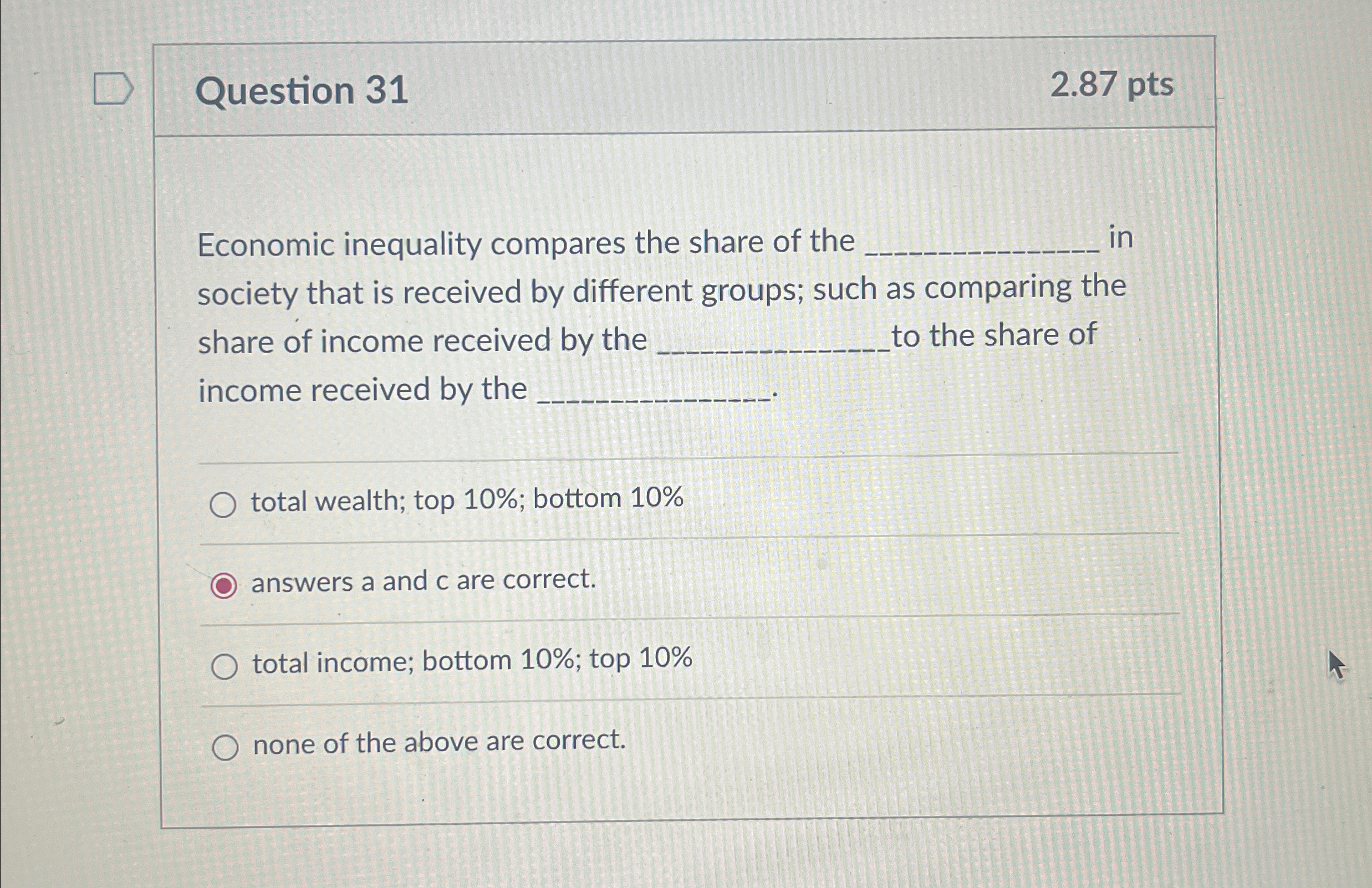 Solved Question 312.87ptsEconomic inequality compares the | Chegg.com