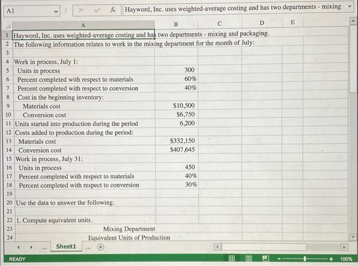 Solved 1. Compute the equivalent units of production using | Chegg.com