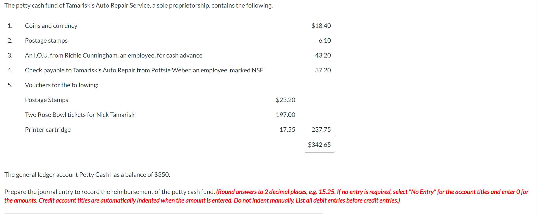 The petty cash fund of Tamarisk's Auto Repair