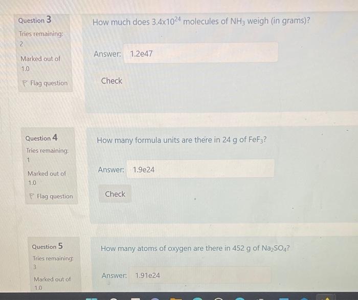 Solved How much does 3.4x1024 molecules of NH3 weigh (in