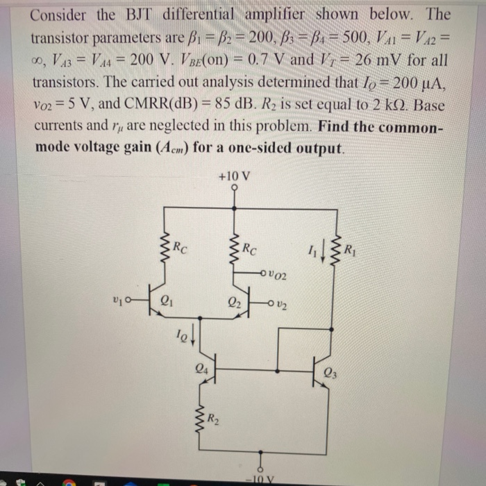 Solved Consider the BJT differential amplifier shown below. | Chegg.com