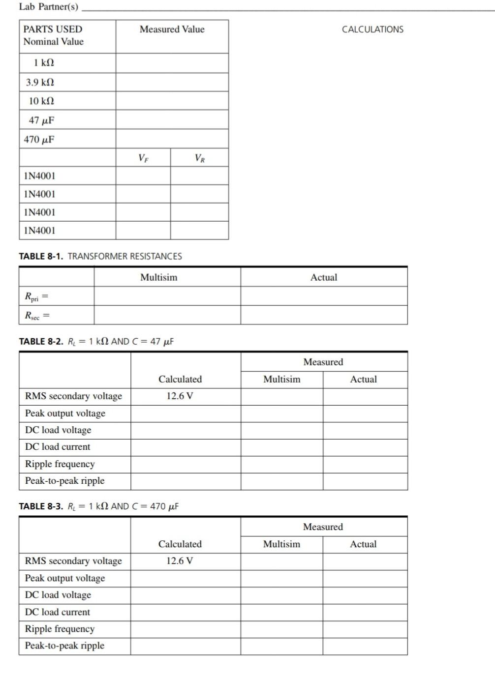 TABLE 8-1. TRANSFORMER RESISTANCES TABLE 8-2. RL=1kΩ | Chegg.com