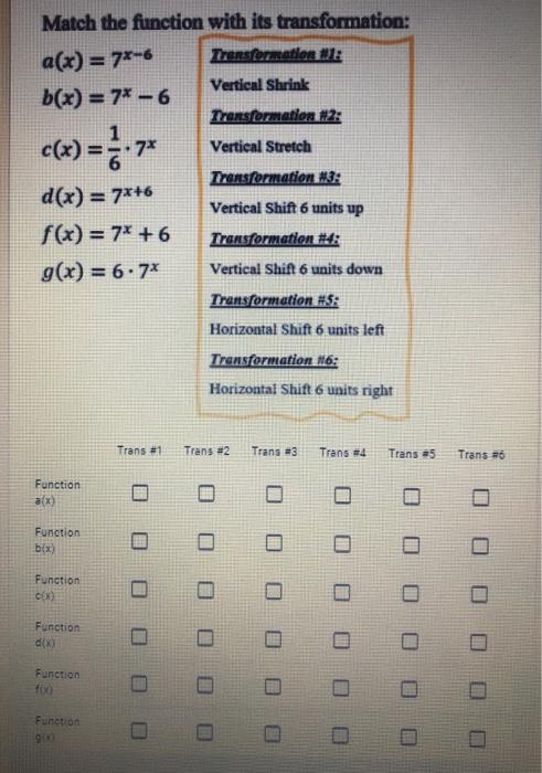 Solved Match the function with its transformation: a(x) = | Chegg.com