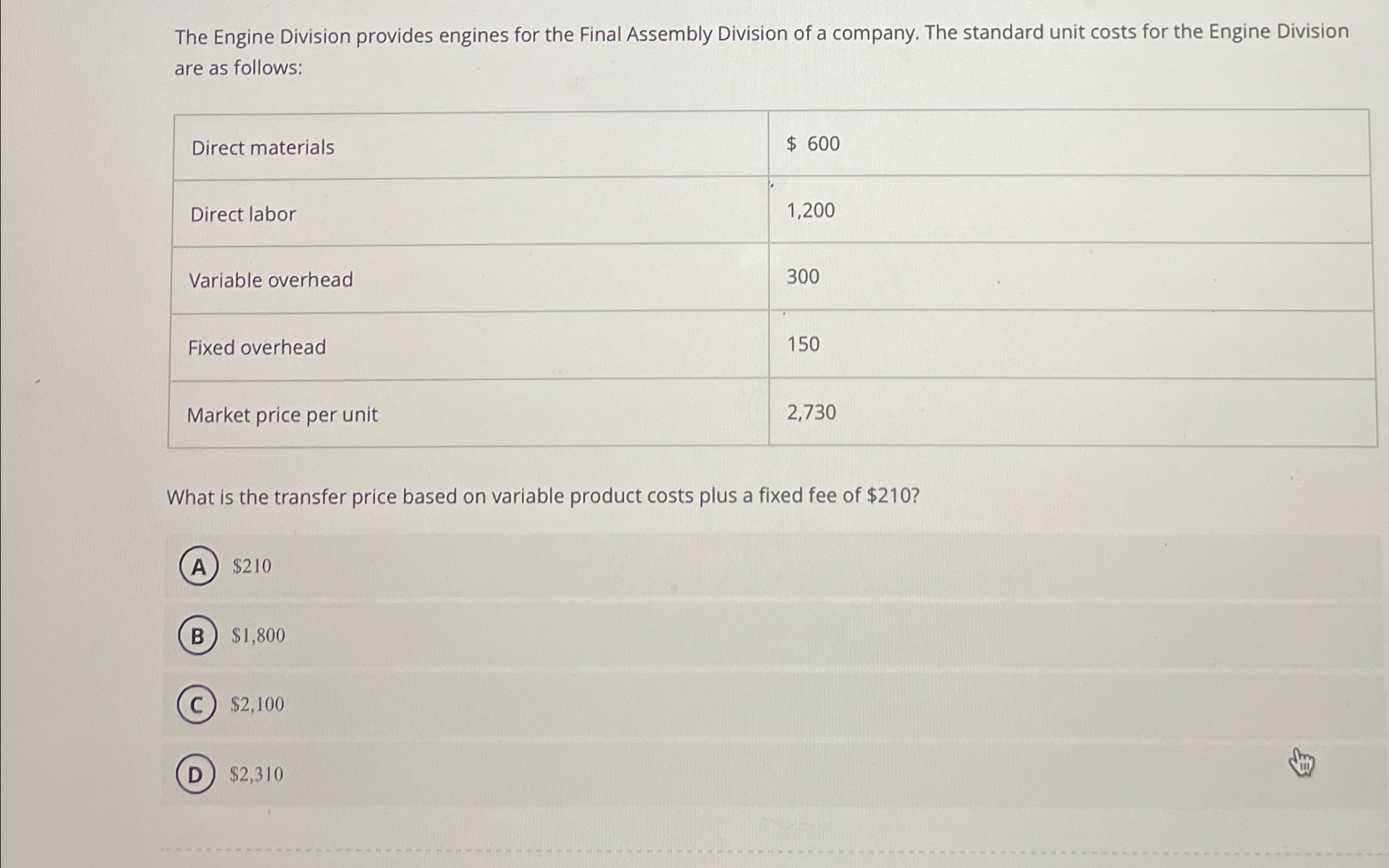 Solved The Engine Division provides engines for the Final | Chegg.com