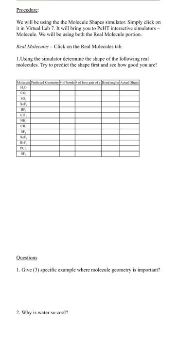 Solved Virtual Lab Molecular Shapes Purpose This week we | Chegg.com