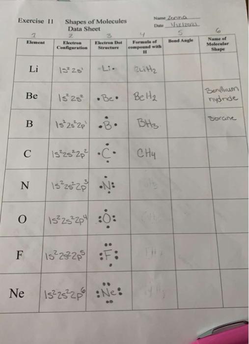 Solved Exercise 11 1 Element Shapes of Molecules Name Zone | Chegg.com