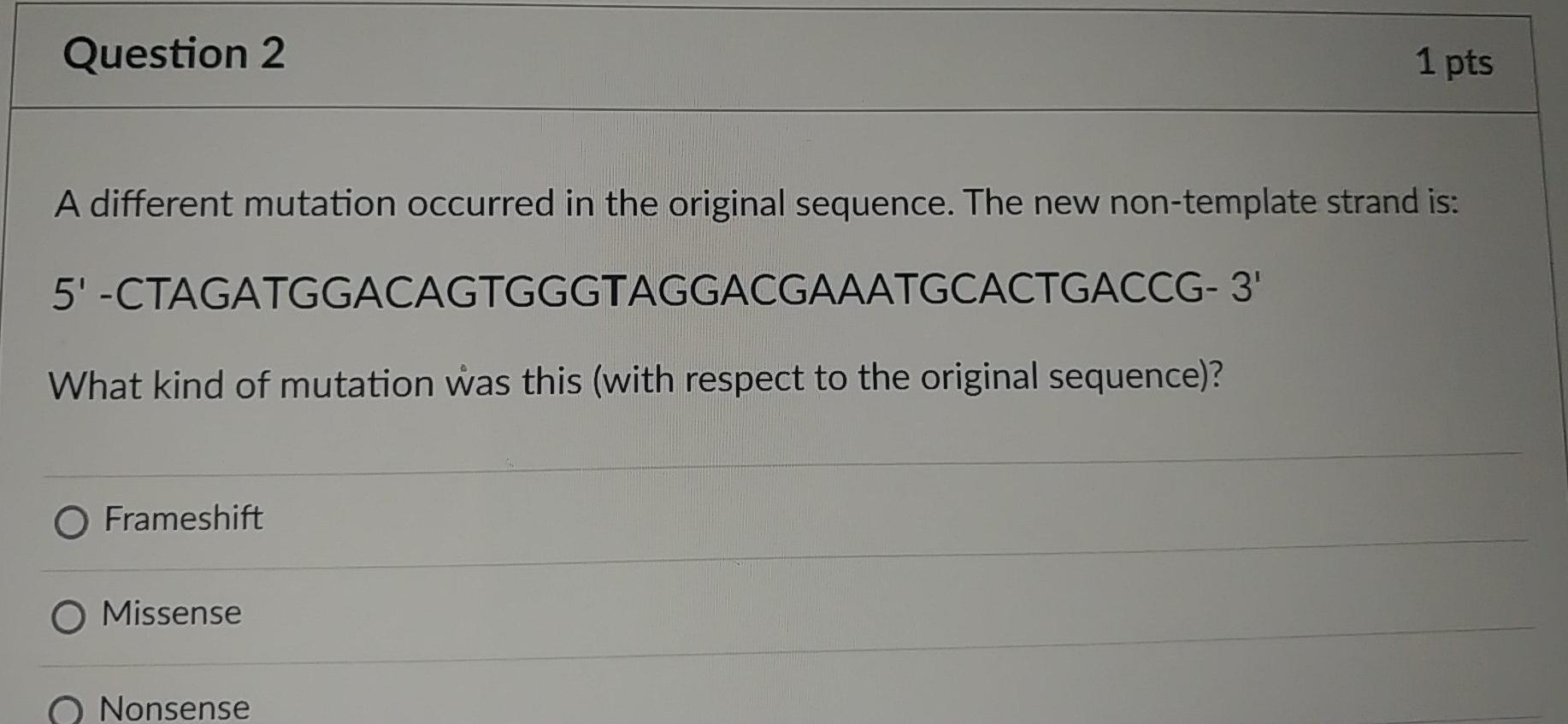 Solved Question 2 1 pts A different mutation occurred in the | Chegg.com