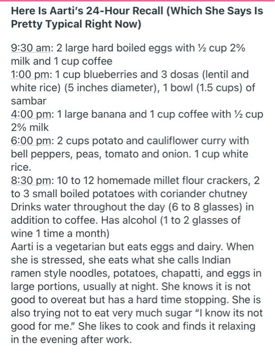 Here Is Aartis 24-Hour Recall (Which She Says Is Pretty Typical Right Now) 9:30 am: 2 large hard boiled eggs with 12 cup 2%