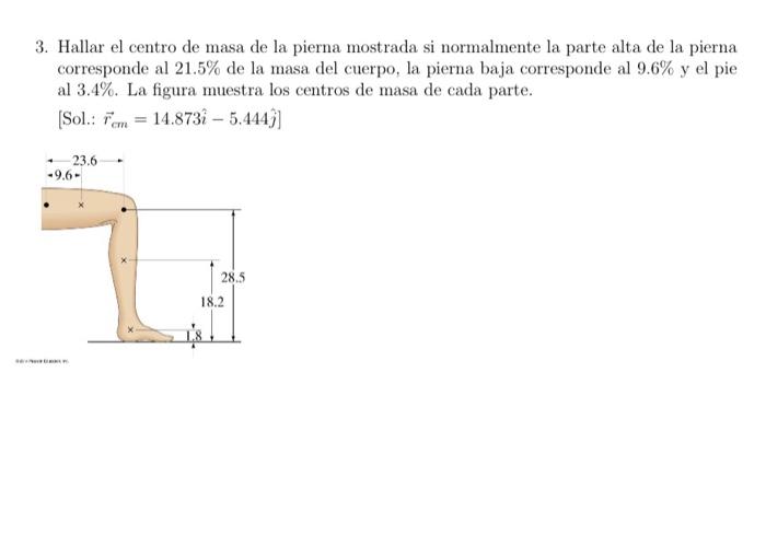 3. Hallar el centro de masa de la pierna mostrada si normalmente la parte alta de la pierna corresponde al \( 21.5 \% \) de l