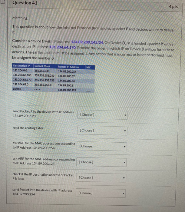 Question 41 4 pts Matching. This question is about how the Internet Protocol (IP) handles a packet P and decides where to del